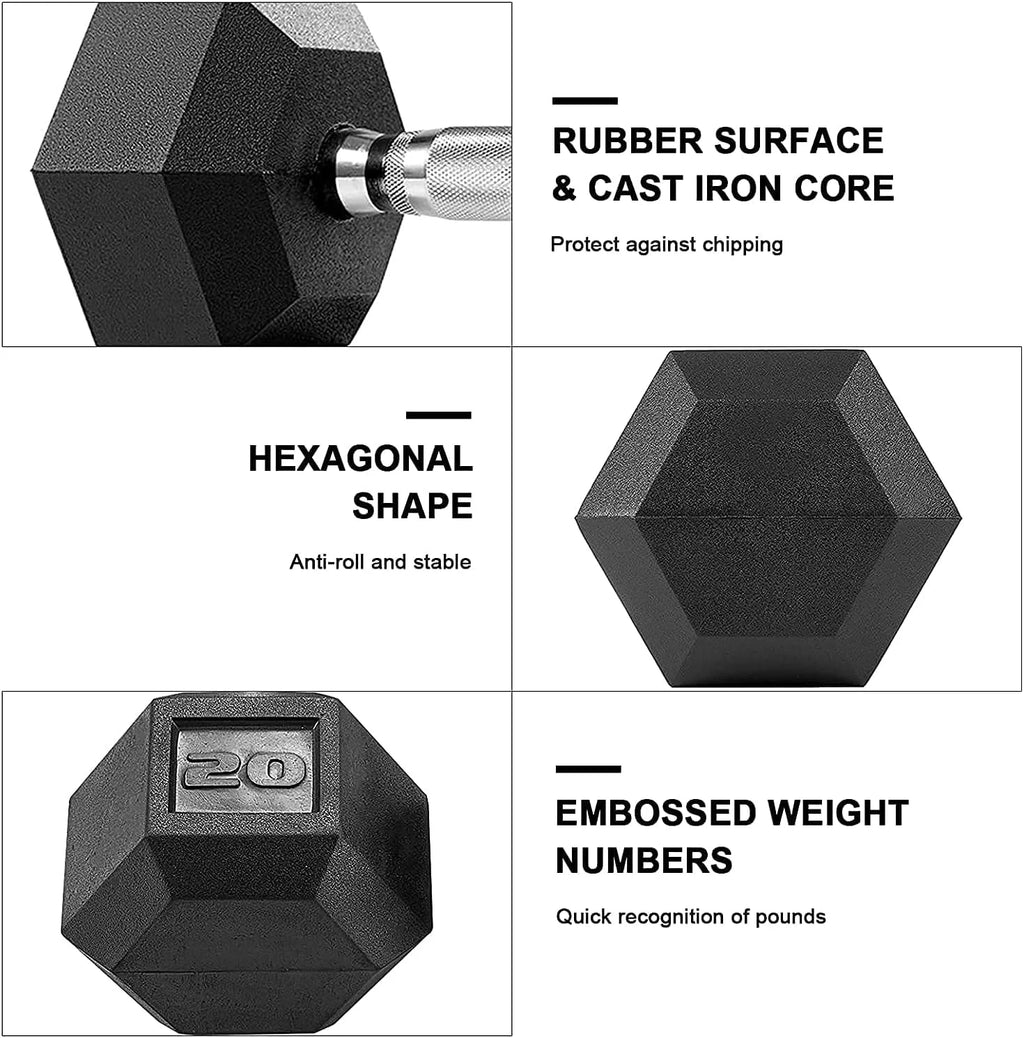 Pirecart Dumbbells Rubber Coated Cast Iron Hex Black Dumbbell Workout Dumbbell Set, 60lbs Pair