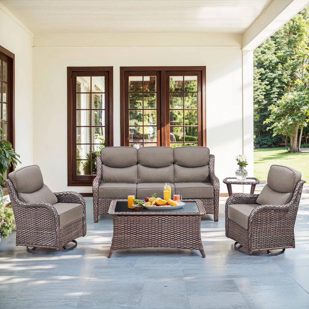 Bellefurn Luxury Outdoor Patio Furniture Set,Swivel Rocker Patio Chairs with 6-inch Thick Cushion,Patio Sofa and Glass Coffee Table,Outdoor Conversation Set for Porch, Deck, Yard