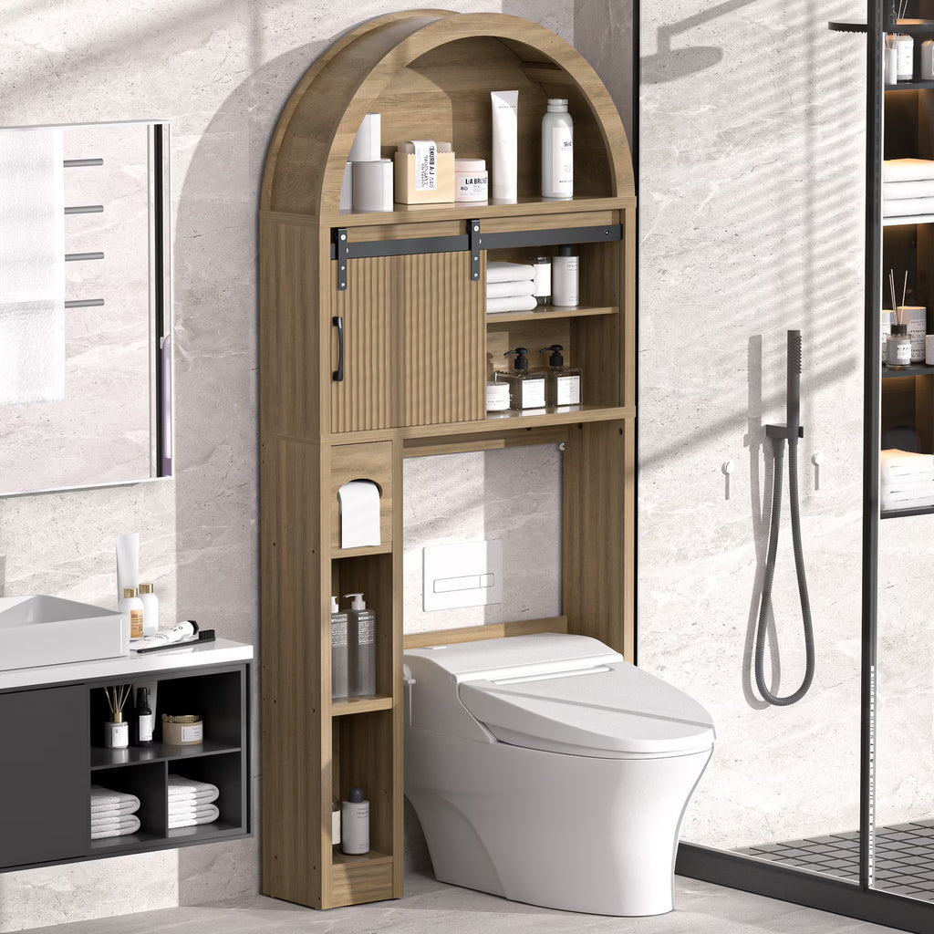 HARIPUL Over The Toilet Storage Cabinet w/ Unique Wood Grain & Arc Design, Freestanding Bathroom Shelf Organizer Space Saver w/ Doors & Anti-Tip Device, Wood Color
