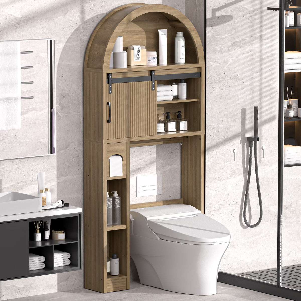 HARIPUL Over The Toilet Storage Cabinet w/ Unique Wood Grain & Arc Design, Freestanding Bathroom Shelf Organizer Space Saver w/ Doors & Anti-Tip Device, Wood Color