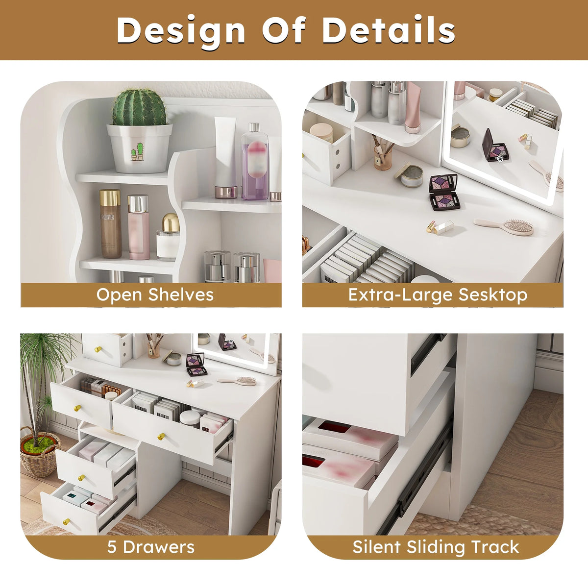Montary Modern Mini Vanity w/Adjustable LED Mirror + Hidden Storage, Padded Stool & Dustproof Shelves (White)