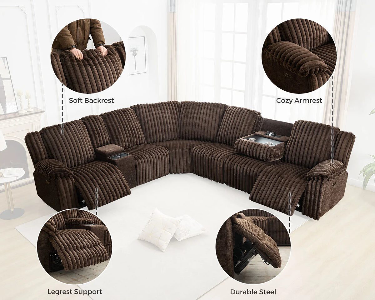 Power Reclining Sectional Sofa with Wireless Charger,6-Seater Faux Fur Sectional with Recliners,Hidden Cup Holders,Storage Console,USB & Type-C Ports,Black