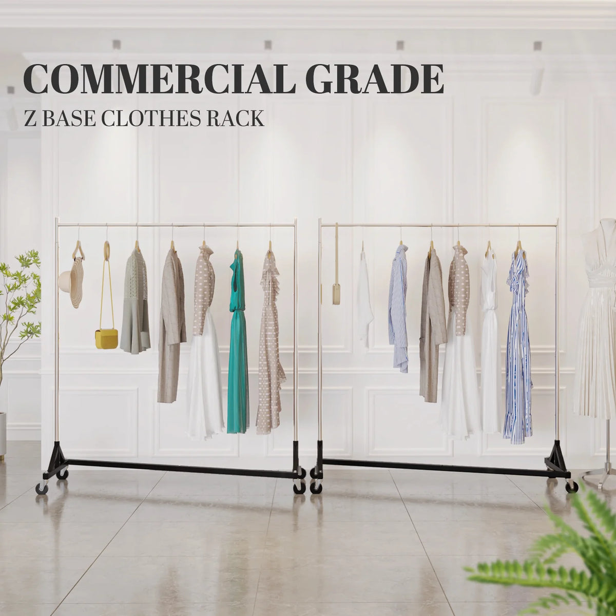HOKEEPER 400LBS Commercial Z Base Garment Rack Heavy Duty Clothing Rack Height Adjustable Rolling Clothes Rack for Hanging Clothes Racks on Wheels Portable Z Rack Chrome Finish