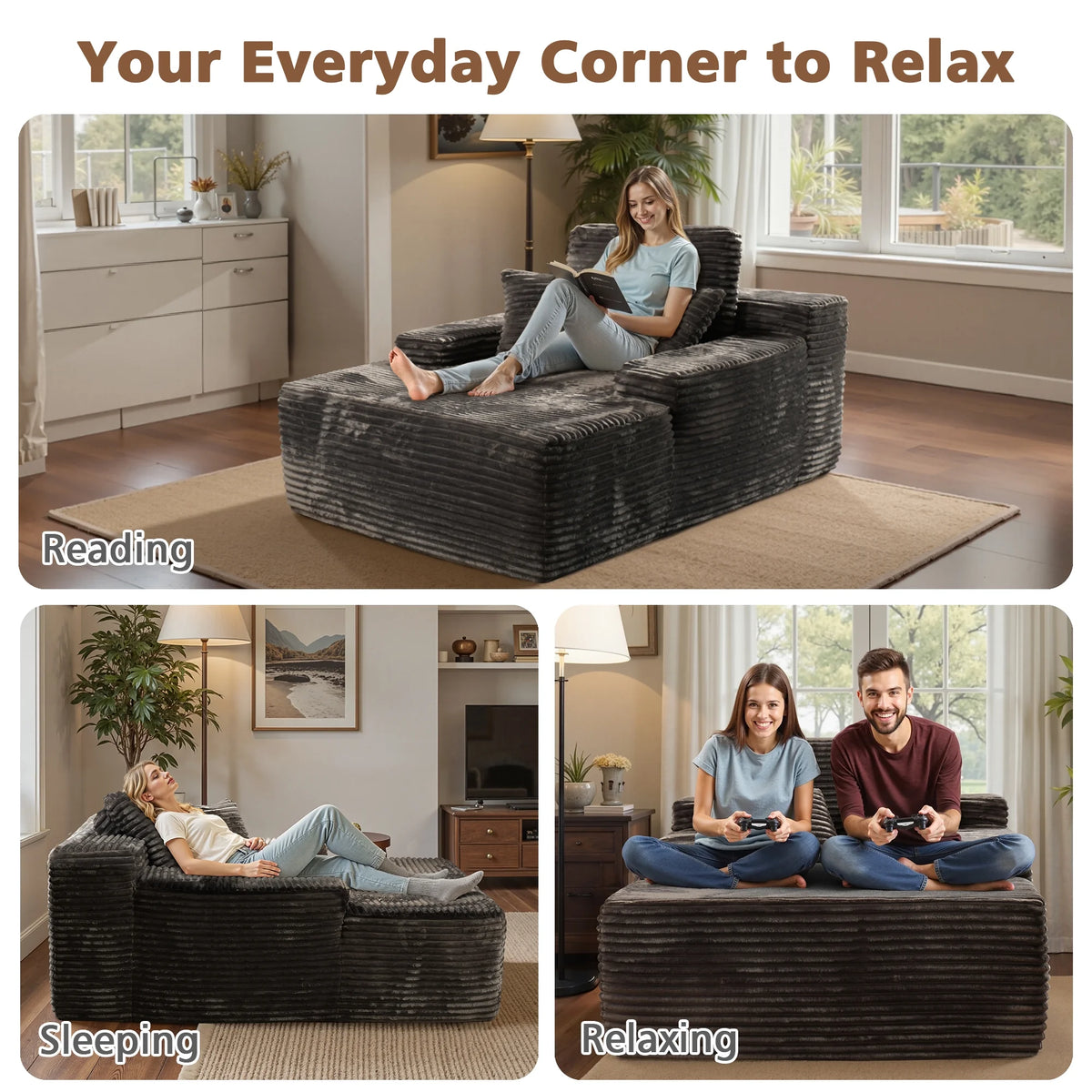 Ovios 67'' Oversized Chaise Lounge Chair Indoor Cloud Plush Corduroy Floor Sofa Bed Deep Seat No Assembly Couch for Living Room, Black