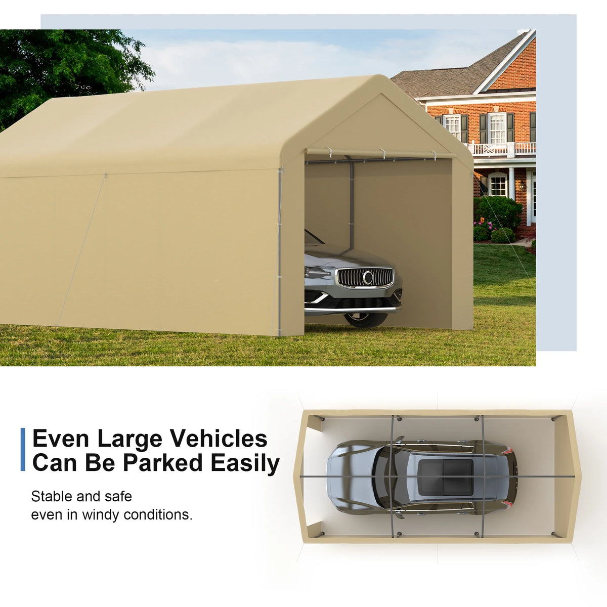 GOJOOASIS Carport, 10 x 20 Heavy Duty Carport Canopy with Removable Sidewall, Water-Resistant Portable PE Garage with All-Season Tarp Beige