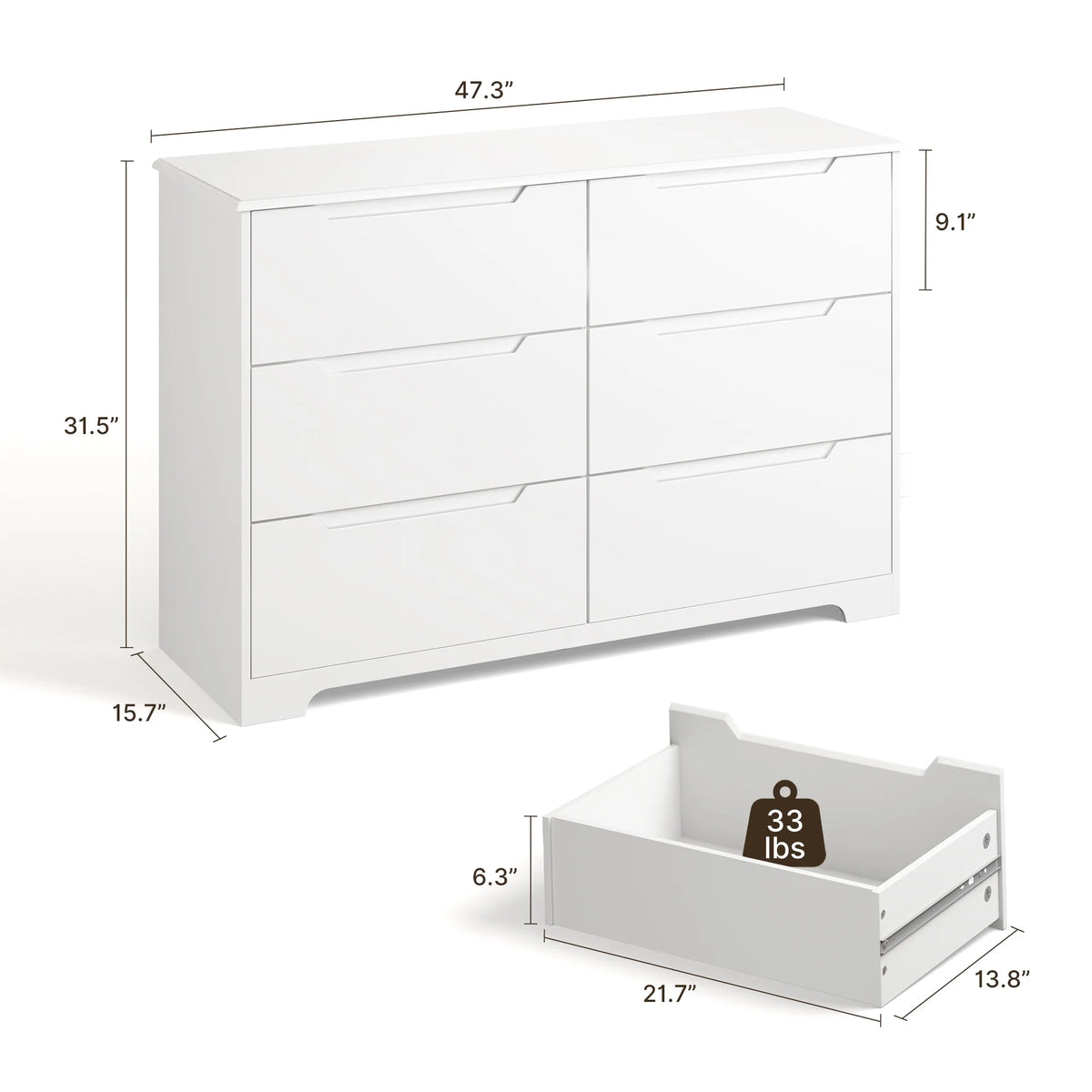 Dresser for Bedroom, Lofka 6 Drawer Double Dresser with Cutout Handles, Large Storage Capacity, Anti-Tip Safety, Modern Wood Chest of Drawers, Smooth Metal Rail, White