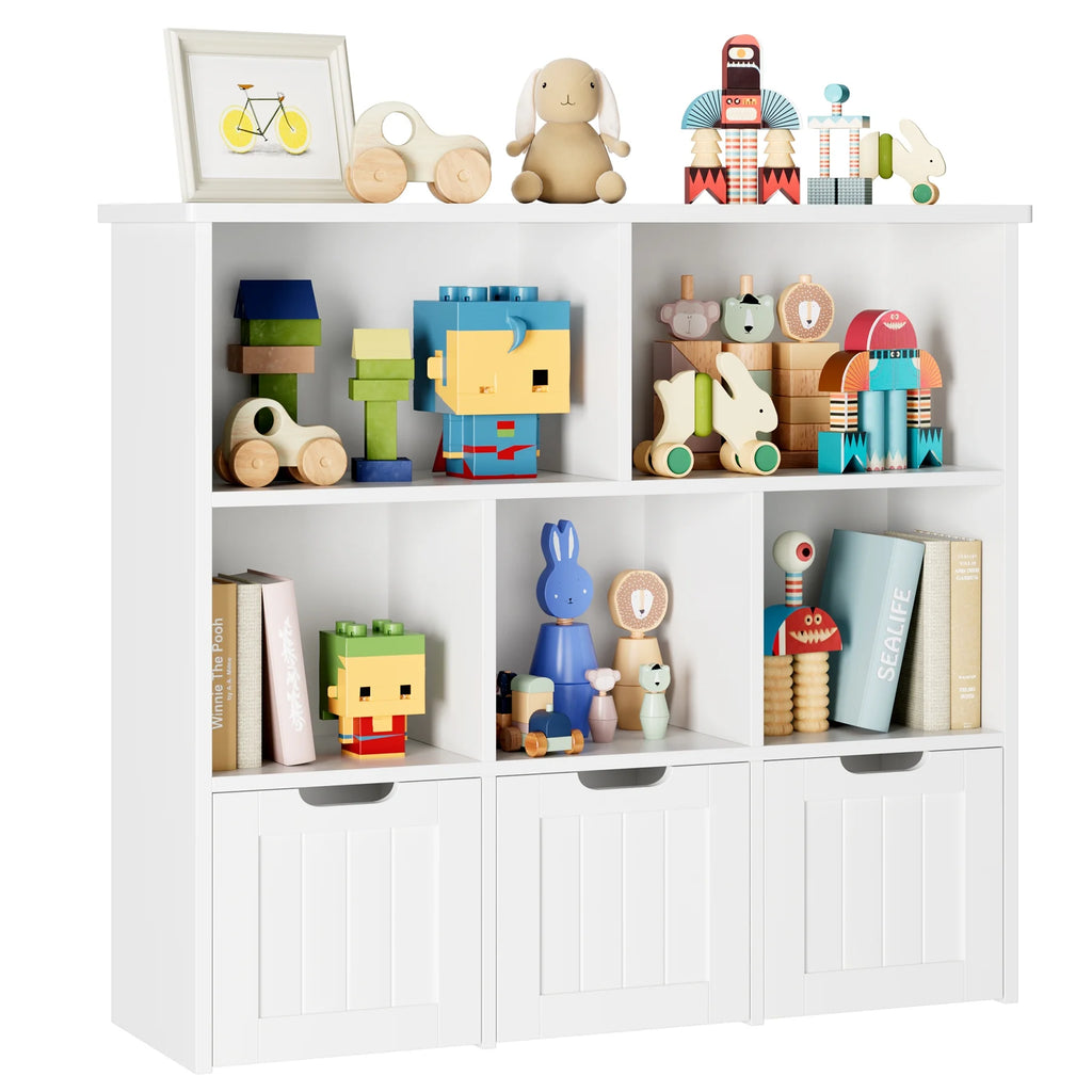 Homfa Toy Storage Organizer with 3 Movable Drawers, 5 Cube Kids Bookcase for Playroom, Storage Cabinet for Living Room, White Finish