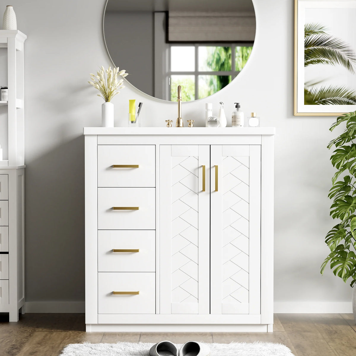 ENSHUI 30-Inch Bathroom Vanity with Ceramic Sink Combo, Solid Wood Frame, 4 Drawers, Soft Closing Doors, Green