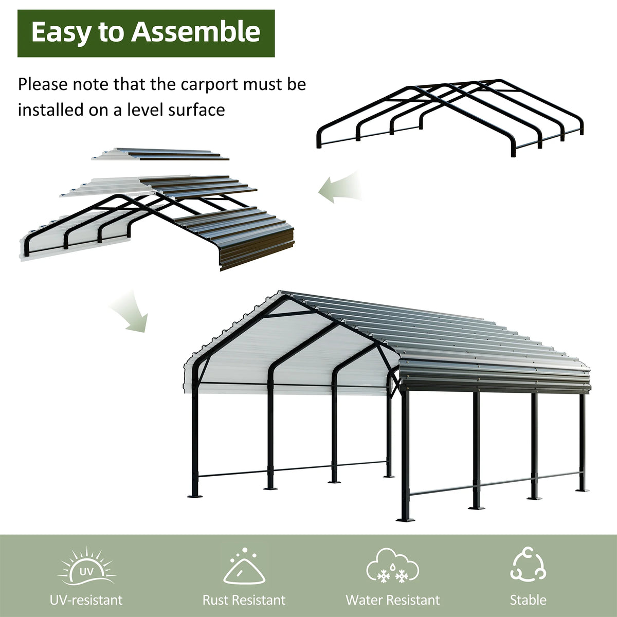 Walsunny 12X15 ft Carport Heavy Duty Carport Canopy with Galvanized Steel Roof and Frame Metal Carport Upgraded Extra Large Garage
