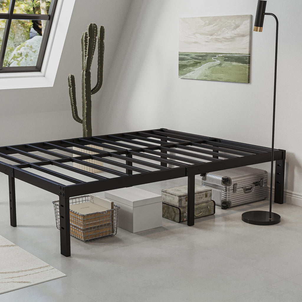 QFTIME 14" Queen Metal Bed Frame with Steel Slats, Heavy Duty Mattress Foundation