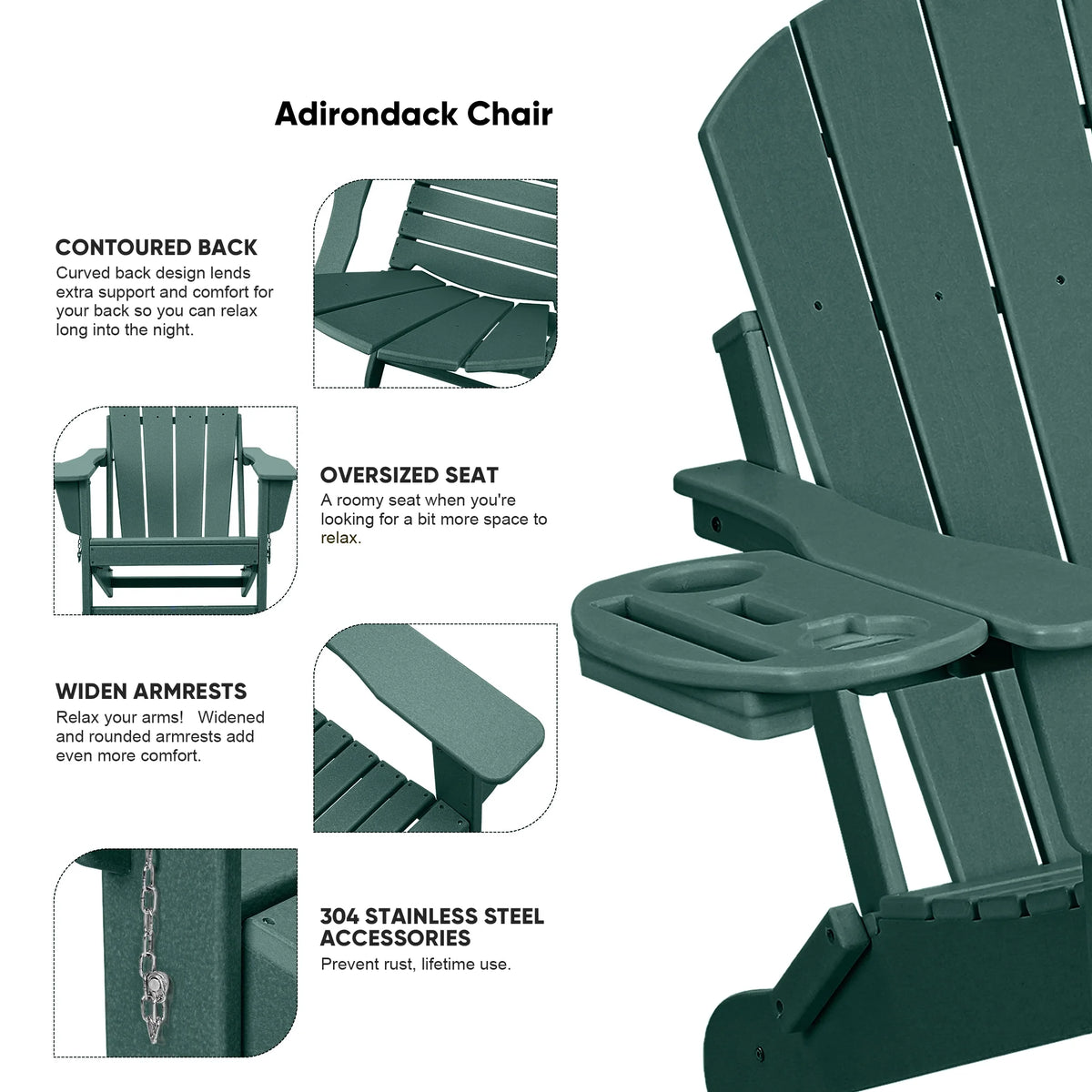 FOOWIN HDPE Plastic Adirondack Chairs Set of 4, Black