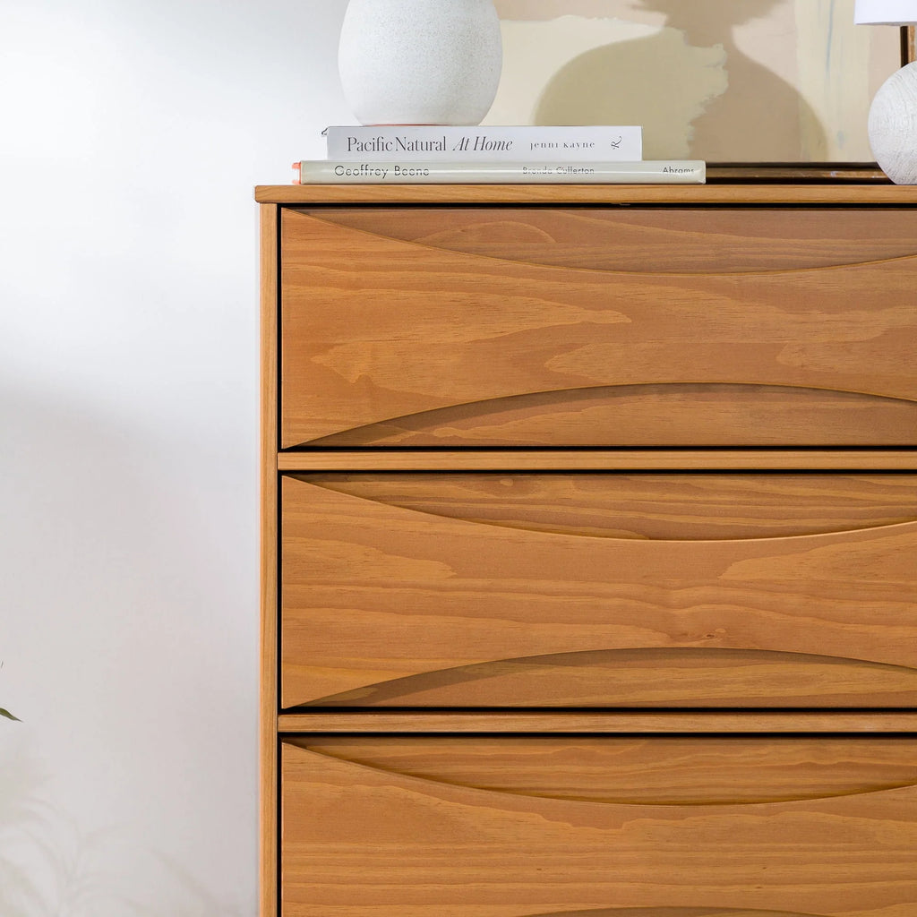 Walker Edison 30” Mid-Century Modern Curved Front 5-Drawer Dresser, Caramel