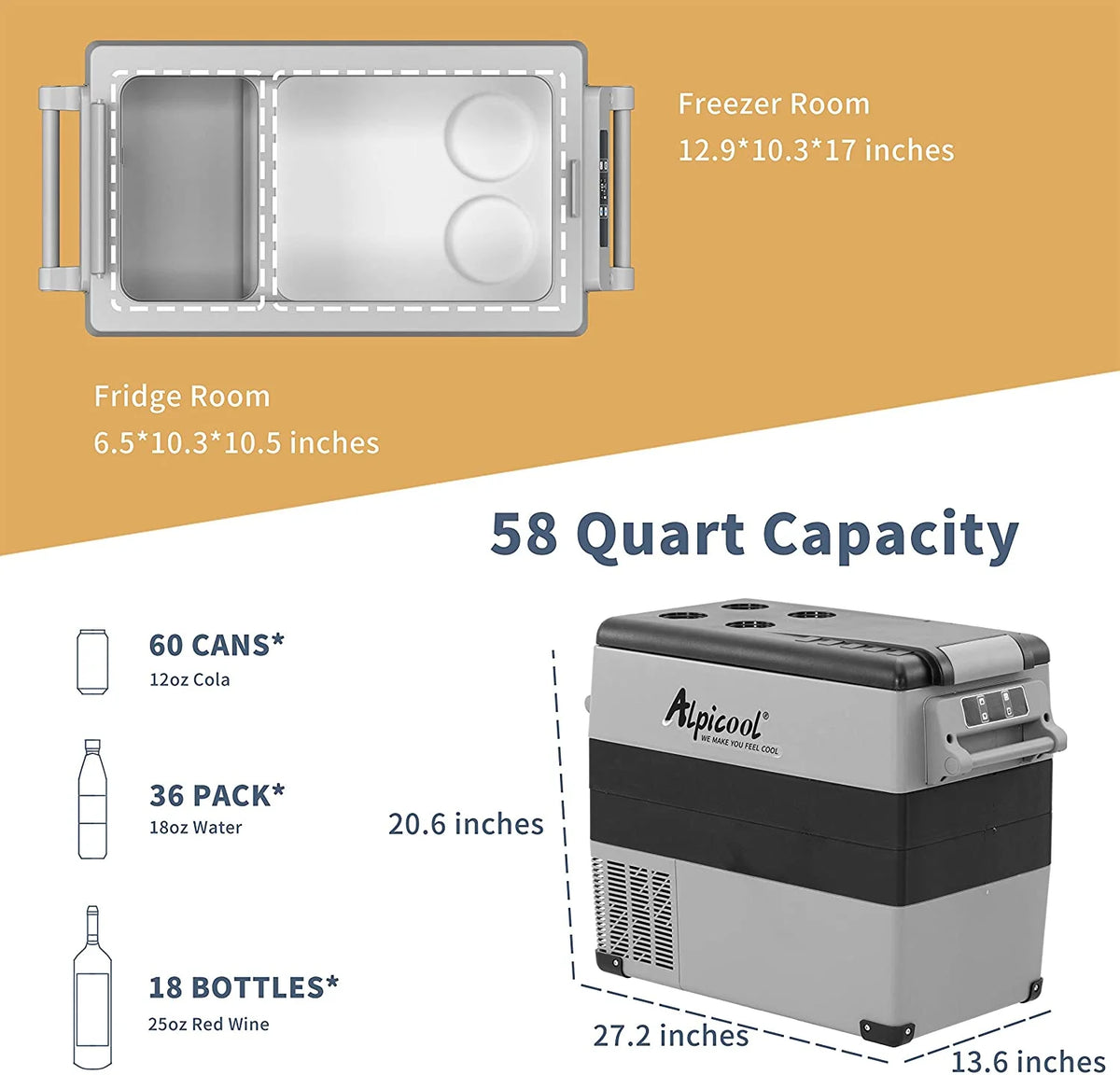 Alpicool CF55 Portable Refrigerator 12 Volt Car Freezer 58 Quart(55 Liter) Vehicle, Car, Truck, RV, Boat, Mini fridge freezer for Driving, Travel, Fishing, Outdoor -4��F to 68��F