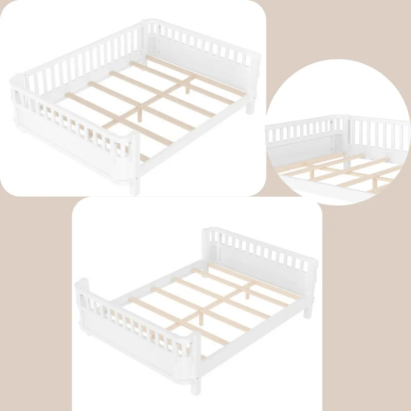 Bellemave Full Size Bed Frame, Full Montessori Bed with Safety Guardrails and Detachable Fence, Wood Full Daybed Frame, Low Profile & Rounded Corners Design, Natural
