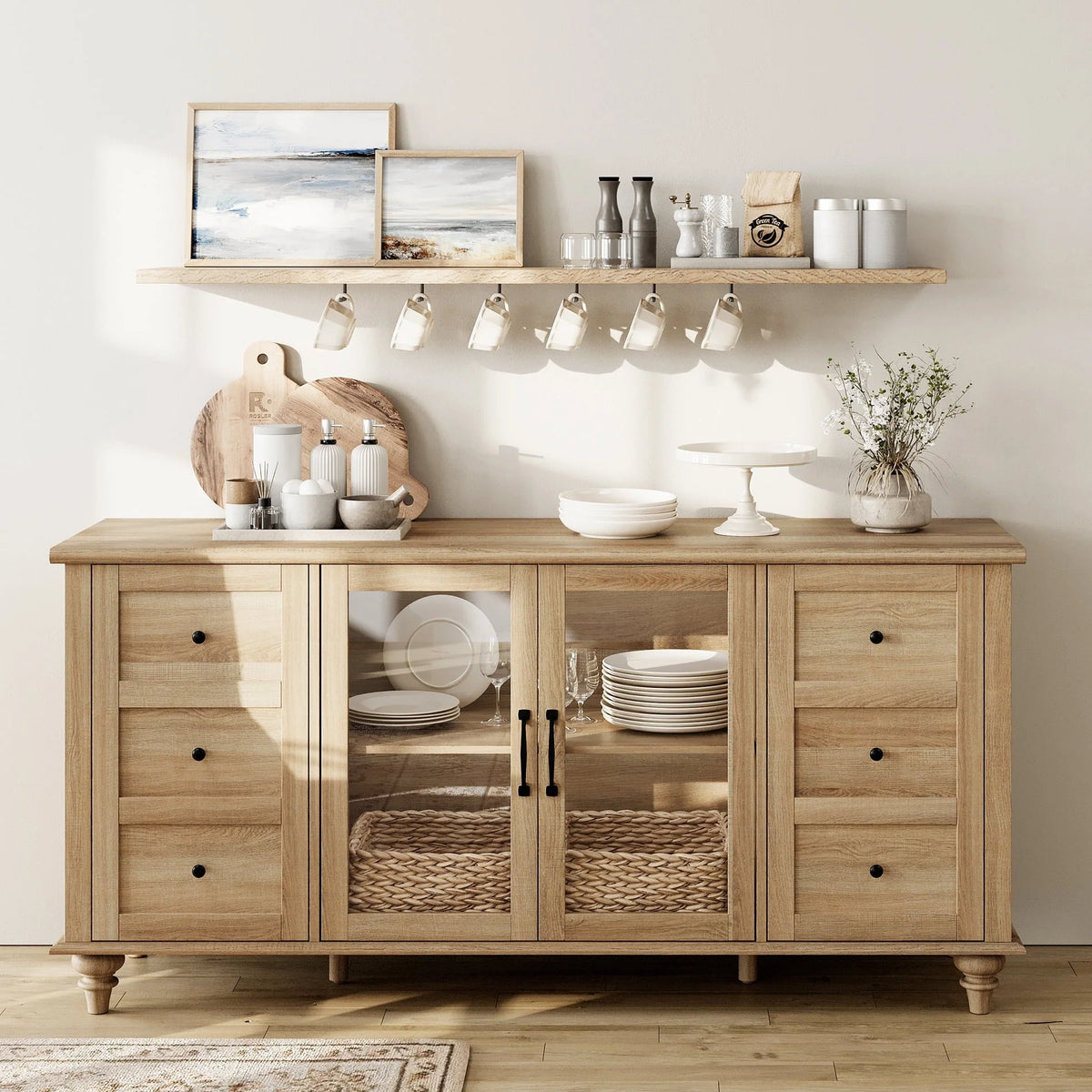 WAMPAT Sideboard Buffet Cabinets with Glass Door, Kitchen Storage Cabinets, Wood Coffee Bar Tables, Accent Sideboard Storage Cabinet Table Dining Room, Living Room,Oak
