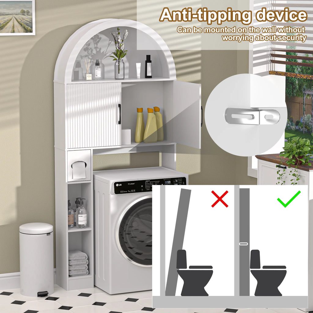 HARIPUL Over The Toilet Storage Cabinet w/ Unique Wood Grain & Arc Design, Freestanding Bathroom Shelf Organizer Space Saver w/ Doors & Anti-Tip Device, Wood Color