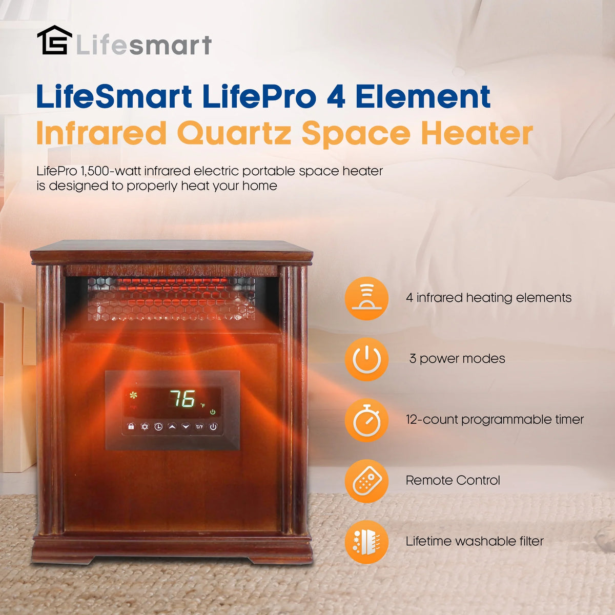 LifeSmart LifePro 4 Element 1500W Electric Infrared Quartz Space Heater