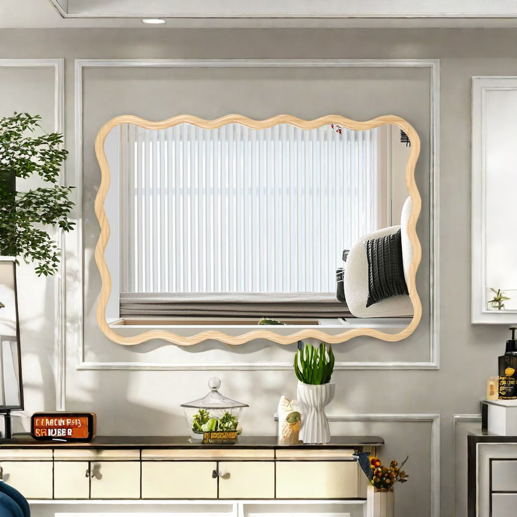 Solid Wood Wavy Frame Modern Mirror - 40x28 Inches Durable Farmhouse Wall Decor for Bathroom, Living Room & Entryway with Easy Install