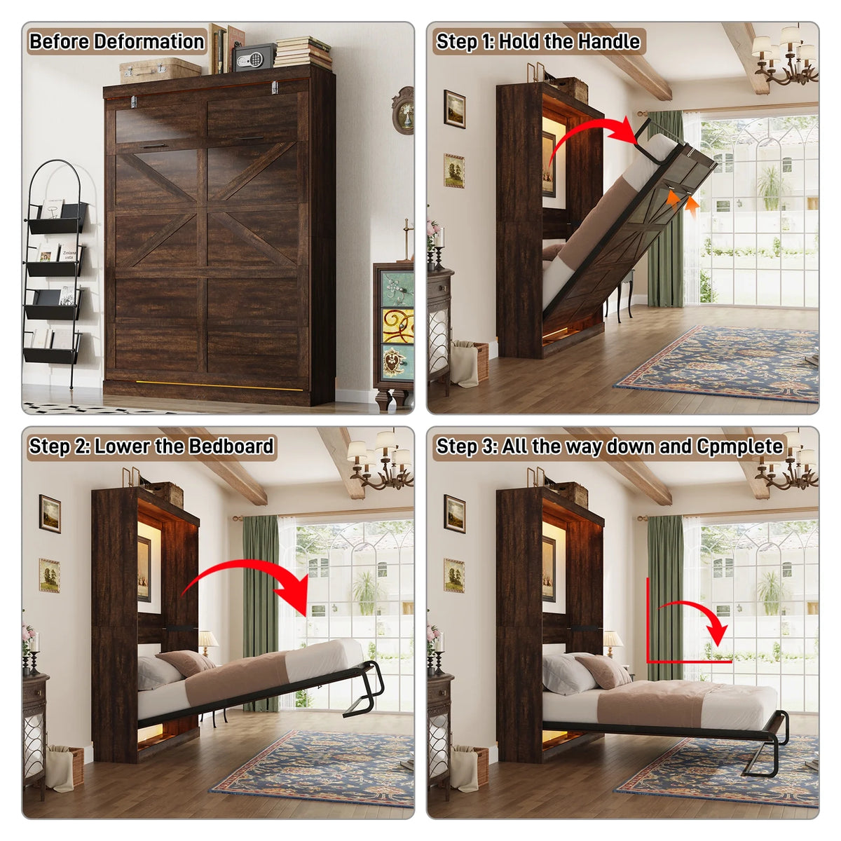 ANPOO Full Size Murphy Bed with 2 LED Lights, Farmhouse Wood Hidden Foldable Wall Bed Frame with Gas Struts, Storage Bed Cabinet for Bedroom, Office, Space-Saving, No Box Spring Needed