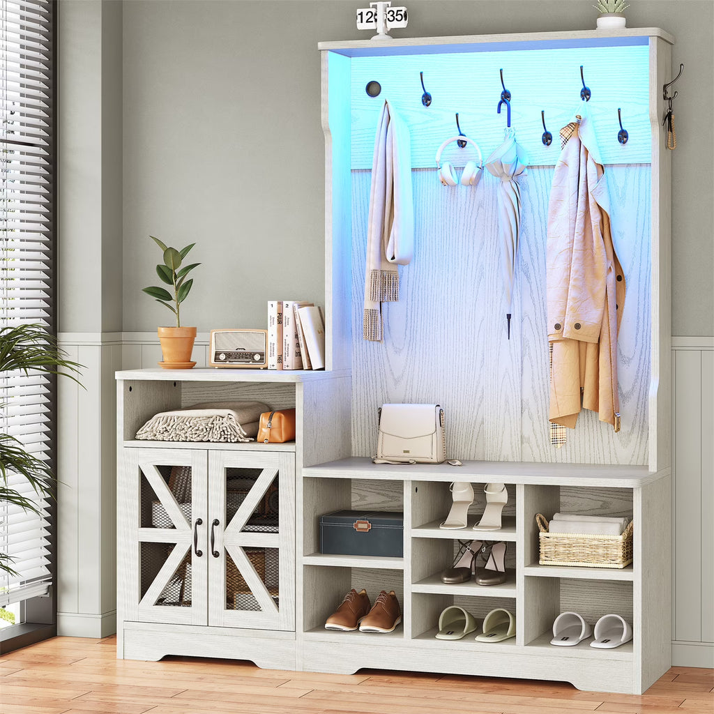 Farmhouse Wood Hall Tree with Shoe Bench and Console Table, LED 4-in-1 Coat Rack with 8 Hooks and 7 Adjustable Shoe Cubbies, Multifunctional Entryway Storage Organizer with Cabinet, Vintage White