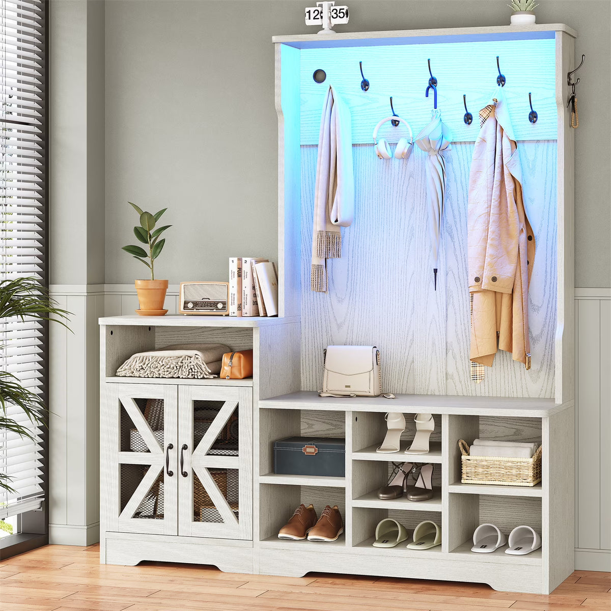 Farmhouse Wood Hall Tree with Shoe Bench and Console Table, LED 4-in-1 Coat Rack with 8 Hooks and 7 Adjustable Shoe Cubbies, Multifunctional Entryway Storage Organizer with Cabinet, Vintage White