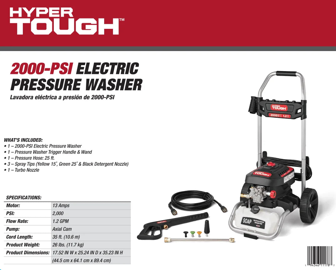 Hyper Tough 2000 PSI at 1.2 GPM 120 V Electric Powered Cold Water Pressure Washer
