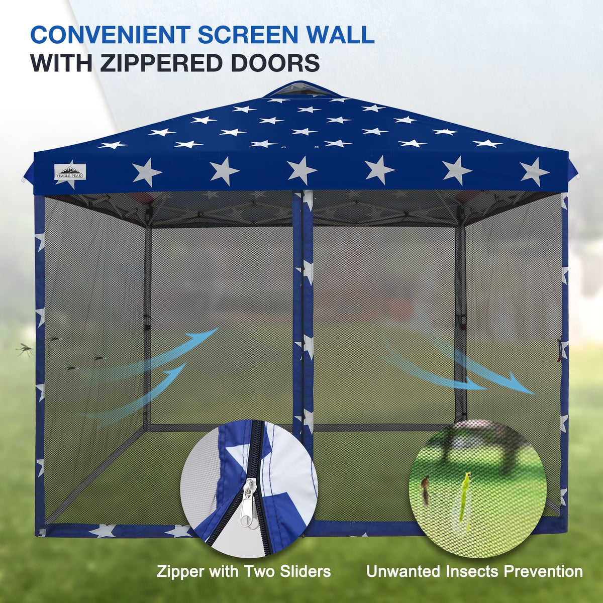 EAGLE PEAK 10 x 10 Outdoor Easy Pop up Canopy with Netting, Instant Screen Party Tent with Mesh Side Walls, American Flag