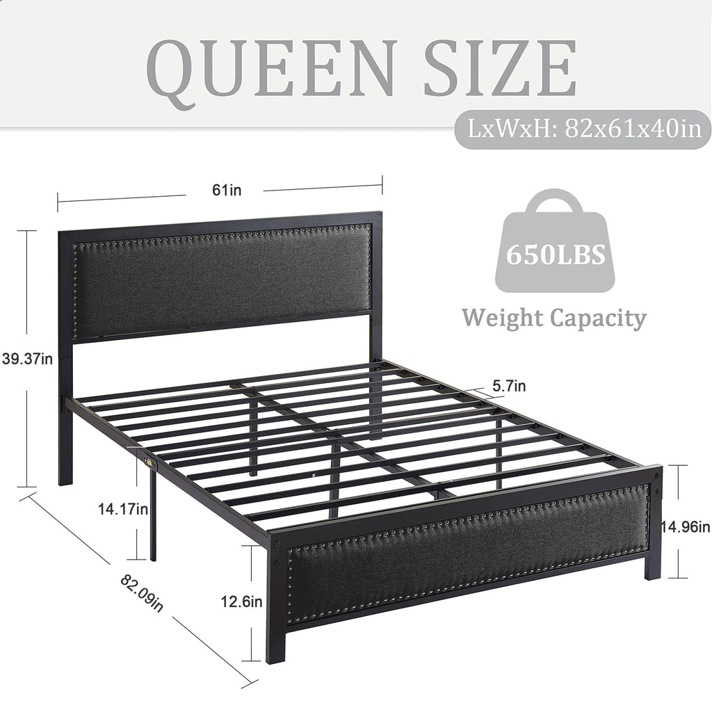VECELO Queen Size Bed Frame Metal Platform Bed with Upholstered Headboard, No Box Spring Needed, Black