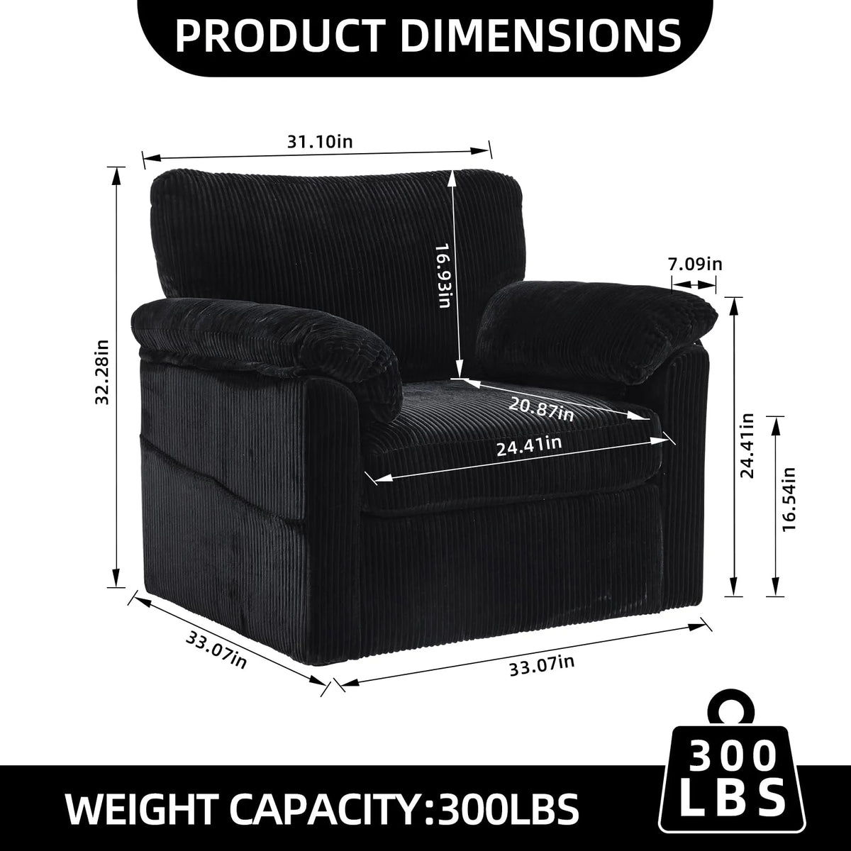 FFH 33" Oversized Swivel Accent Chair,Armchair with Side Pocket,Upholstered Corduroy Lounge Chaise Chair,Barrel Chairs,Comfy Single Sofa Chair for Living Room Reading Bedroom Office,Black