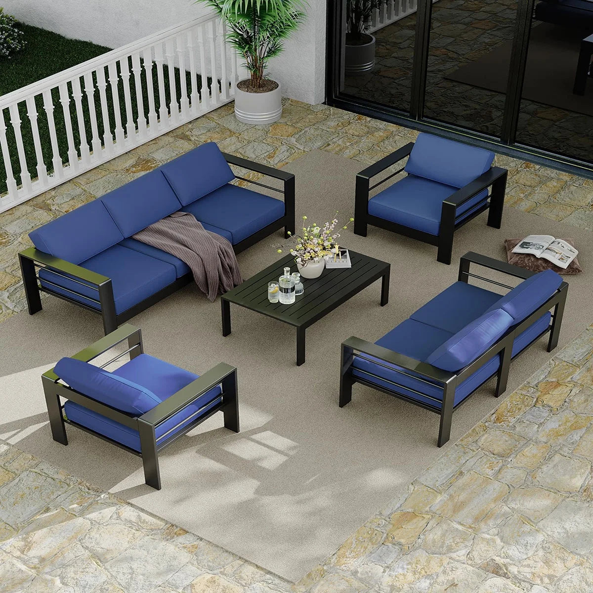 Ataucjin 5 Pieces Aluminum Patio Furniture Set, Outdoor Sectional Conversation Set Sectional Sofa with 4" Armrest & 5" Thick Cushions & Coffee Table��ship in 4 boxes��