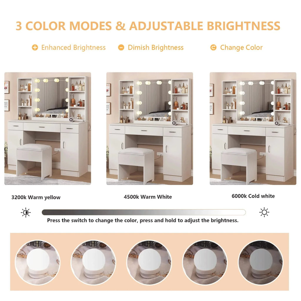 Veanerwood Large Makeup Vanity Set with Lights, White Bedroom Makeup Vanity Table with Storage, 3 Adjustable Lighting Colors, Modern, 45.2in