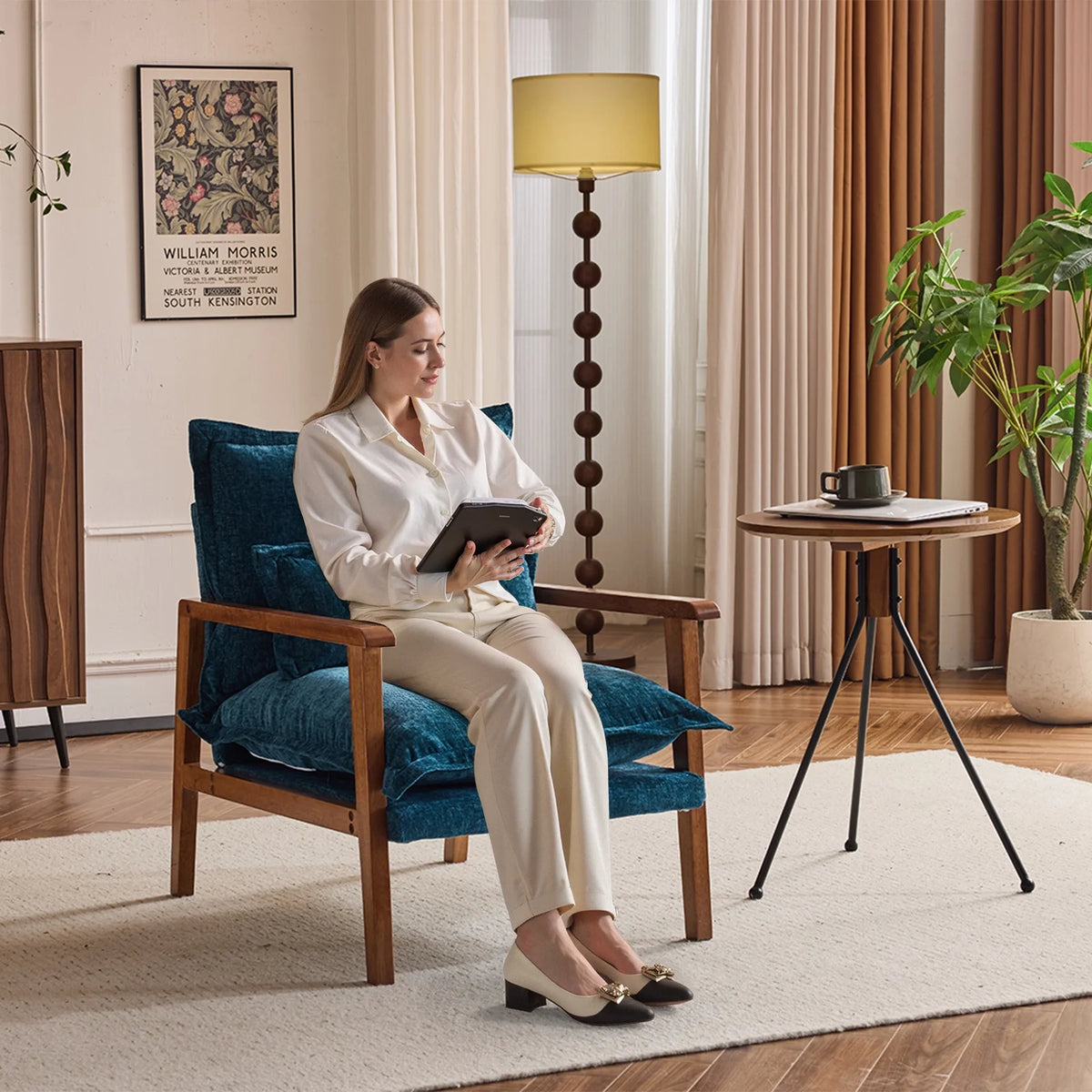 Ktaxon Chenille Accent Chair, Solid Wood Armrests Armchair, Metal Frame for Stability, Single Sofa with Comfortable Cushions and Lumbar Pillow Beige