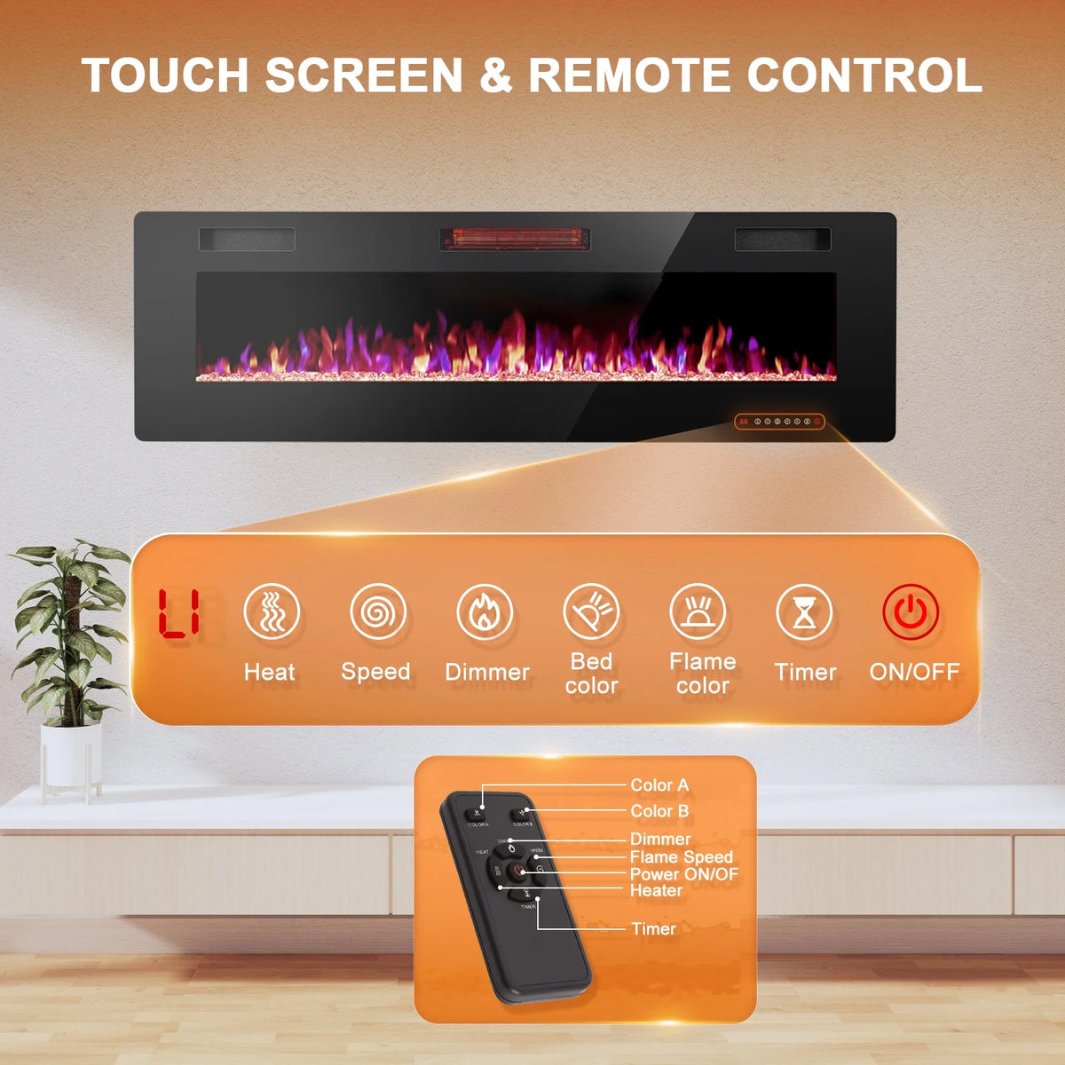 KISSAIR 60�� Indoor Electric Fireplace Ultra Thin Fireplace, Wall Mounted Recessed Fireplace with Multiple Colors