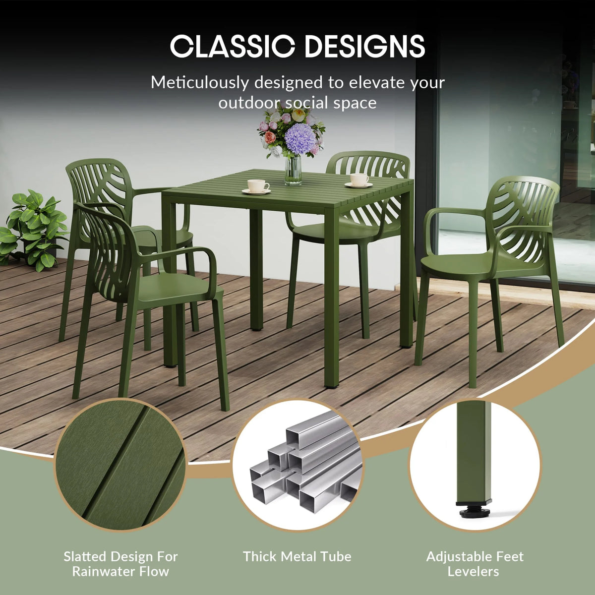 WestinTrends Playa 5-Piece Outdoor Metal Frame Dining Table Patio Set with Stackable Patio Dining Chairs, Olive Green