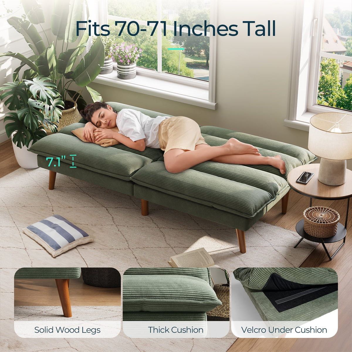 Linsy Home 71" W Corduroy Convertible Futon Sofa Bed, Army Green