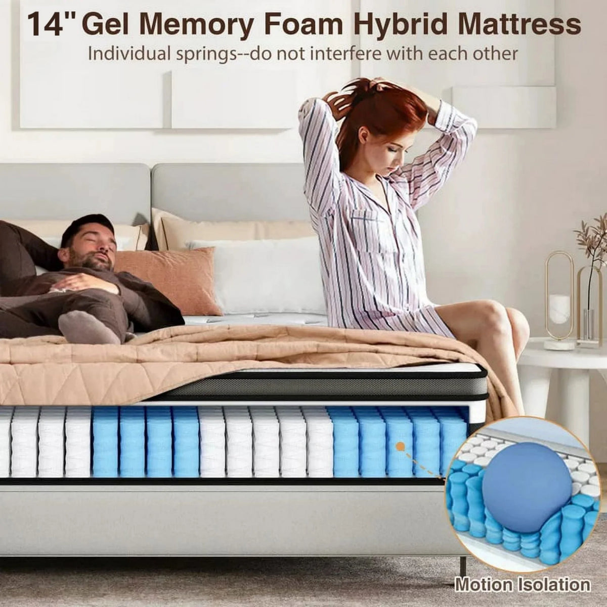 Qvamodo 14 Inch Hybrid King Mattress- Medium Firm King Size Bed in a Box - CertiPUR-US Certified Memory Foam, King Size mattress for Pressure Relief, Cooling Sleep, and Motion Isolation