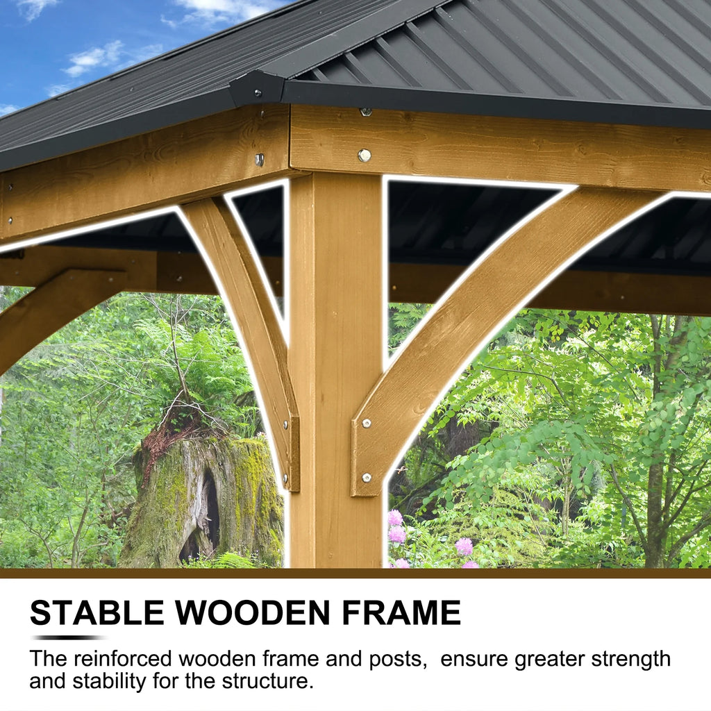 Aoodor 10 x 12 ft Wooden Frame Gazebo with 2-Tier Galvanized Metal Hardtop Roof, Outdoor Patio Gazebo with Charging Socket for Patio, Backyard, Deck, and Lawn
