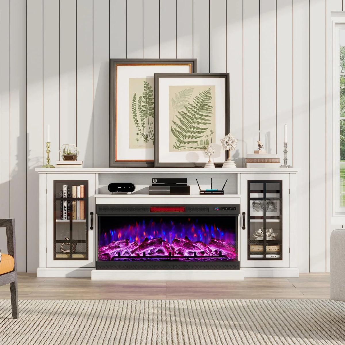 Merluxy 75in 3-Sided Glass Fireplace TV Stand for TVs up to 85", Distressed White