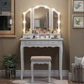 Makeup Vanity Set Desk Table with with Lights & Tri-Folding Mirror,Dressing Table with Cushion Stool & 5 Drawers, White