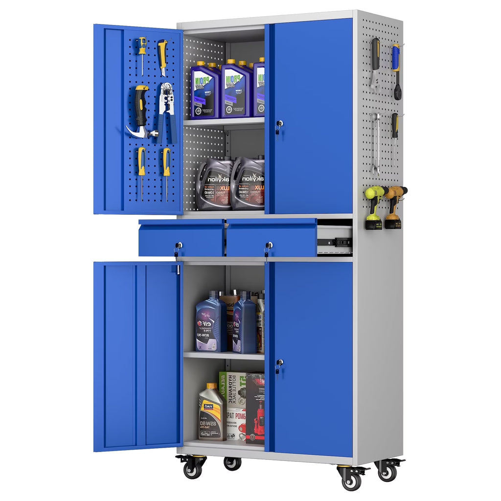 SUPEER 71" Metal Storage Cabinets with Wheels and Pegboards, Industrial Cabinet with 2 Drawers and 2 Adjustable Shelves,, Assembly Required
