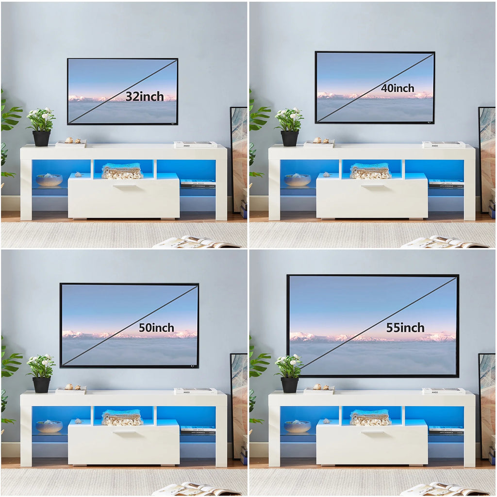 UHOMEPRO TV Stand for TV up to 70", Living Room Entertainment Center with RGB LED Lights and Storage Shelves Furniture, White High Gloss TV Cabinet Console Table