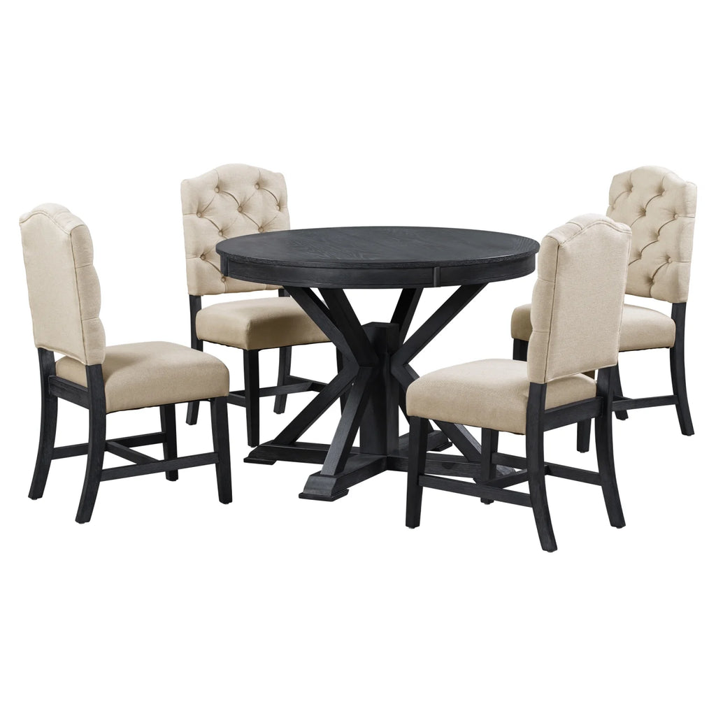 Harper & Bright Designs Round Extendable Dining Table Set for 4, 5 Piece Farmhouse Wood Dining Table Set with 4 Upholstered Dining Chairs, Natural Wood Wash