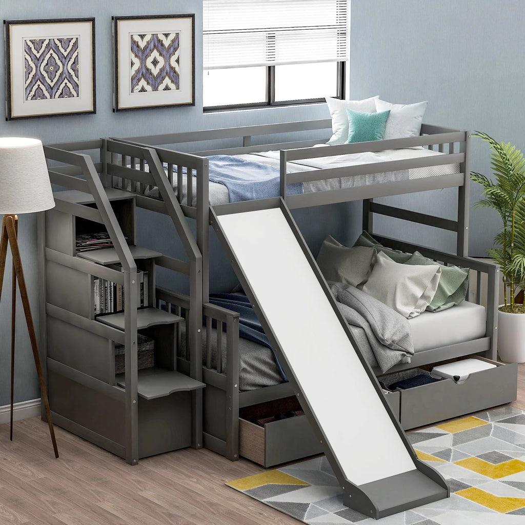 Euroco Wood Twin Over Full Bunk Bed with Drawers and Slide, Gray