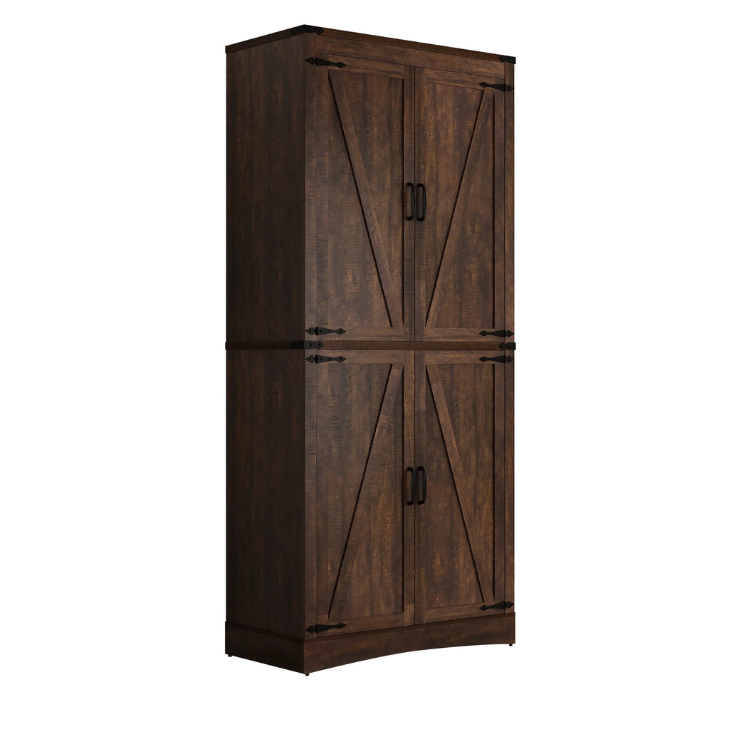 71" Tall Farmhouse Kitchen Pantry Cabinet, 5 Layers Storage Cabinet with Adjustable Shelves, Farmhouse Pantry Cabinet with 4 Barn Doors for Kitchen, Dining Room, Bathroom, Living Room, Rustic White