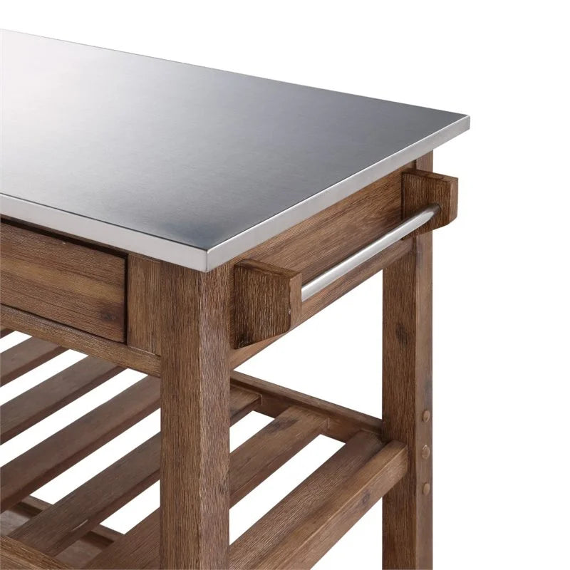 Boraam Sonoma 35.75in. H Wood Kitchen Cart with Stainless Steel Top - Barnwood Wire-Brush Finish