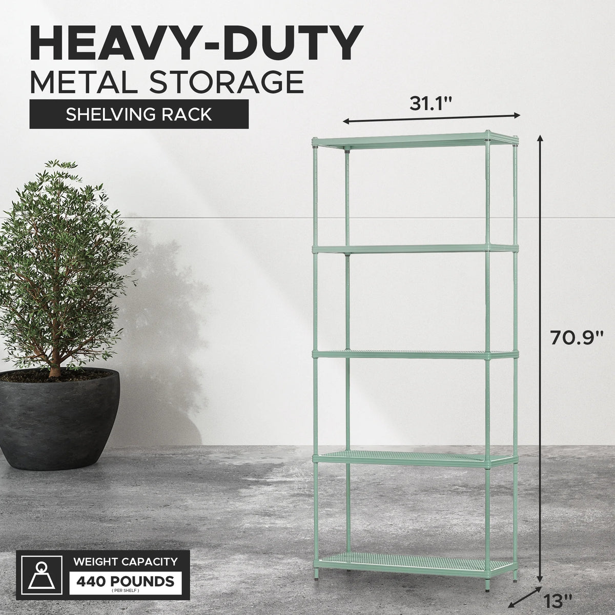 Design Ideas MeshWorks 5 Tier Steel Storage Shelving Unit Bookshelf, Green