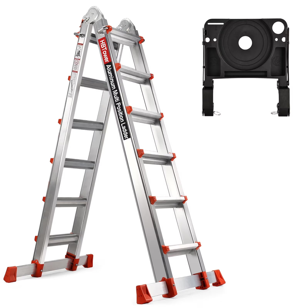 HBTower Ladder, A Frame 4 Step Extension Ladder, 14 Ft Multi Position Ladder with Removable Tool Tray and Stabilizer Bar, 330 lbs Capacity Telescoping Ladder for Household and Outdoor Work