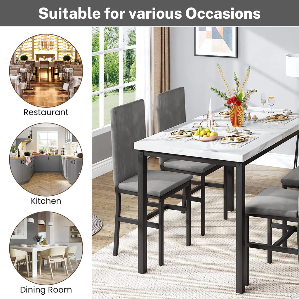 5 Piece Dining Set, Modern Dining Table and Chairs Set for 4, Counter Height Bar Table Set, Modern Pub Table with 4 Velvet Fabric Cushioned Stools, Faux Marble Dining Table & Stools Set, D9297