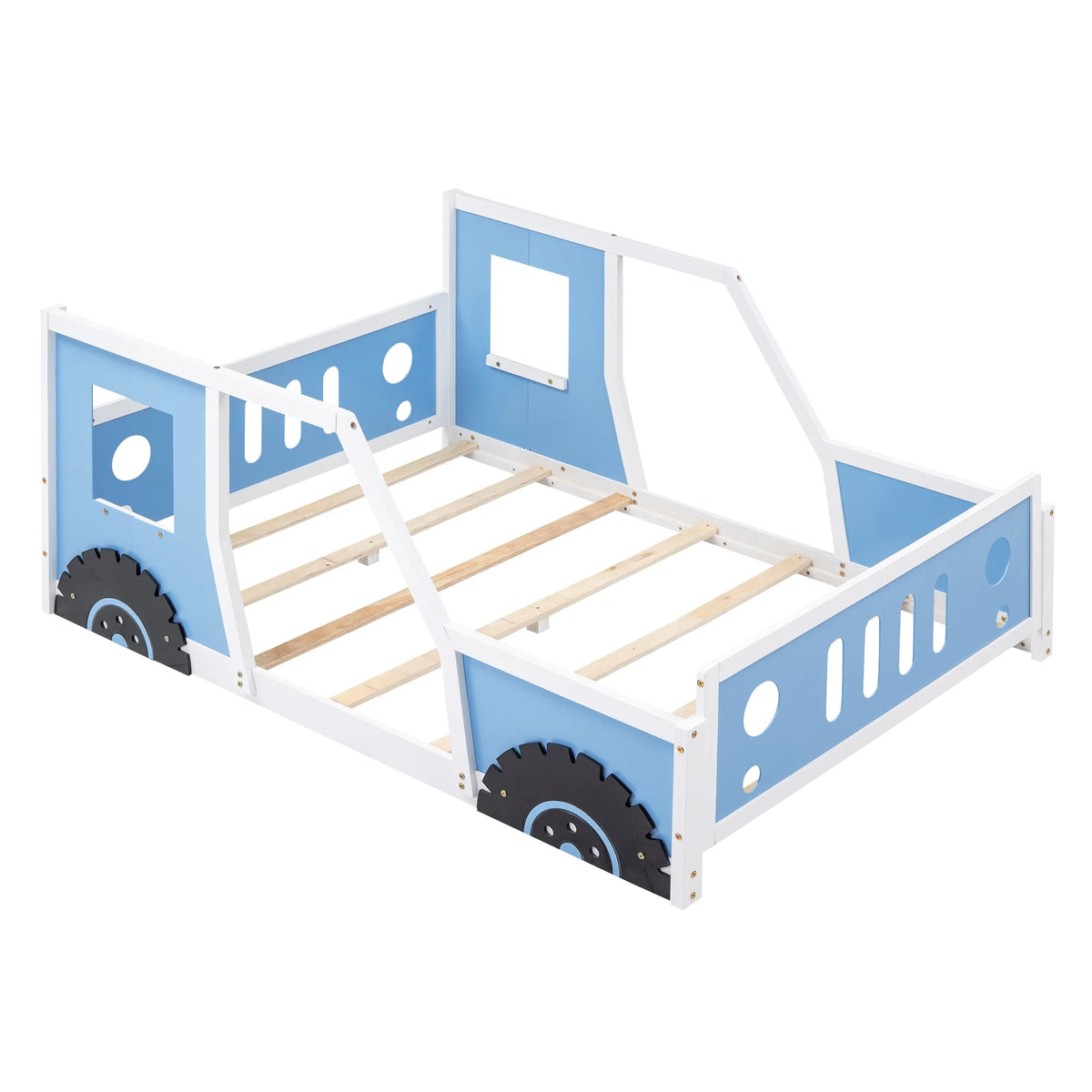 Euroco Car-Shaped Full Size Wood Platform Bed for Kids�� Bedroom, Solid Car Bed for Kids Gift, Low Profile, Blue