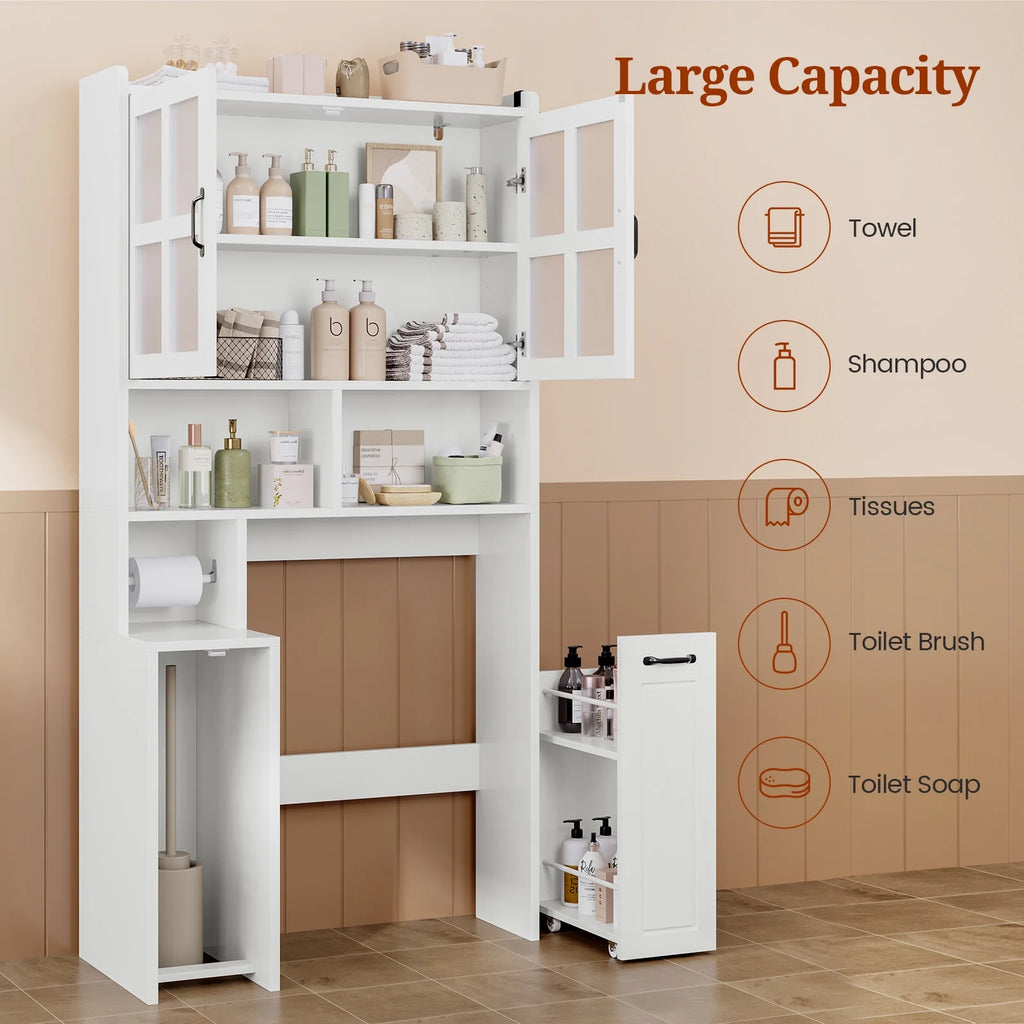 Frhnenha Over The Toilet Storage Cabinet with Pulley, Bathroom Storage Cabinet, with Adjustable Shelf and Open Shelf for Bathroom, Restroom, Laundry, White
